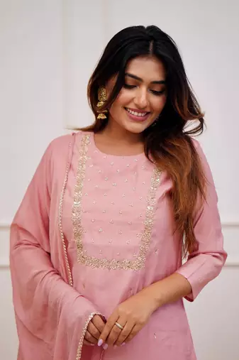 Peach Rayon Slub Embroidered work Straight cut Kurta Pant and Dupatta Set