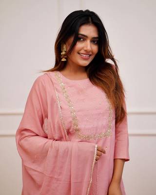 Peach Rayon Slub Embroidered work Straight cut Kurta Pant and Dupatta Set 3
