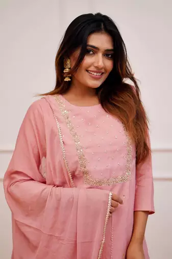 Peach Rayon Slub Embroidered work Straight cut Kurta Pant and Dupatta Set