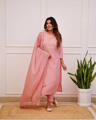 Peach Rayon Slub Embroidered work Straight cut Kurta Pant and Dupatta Set 4