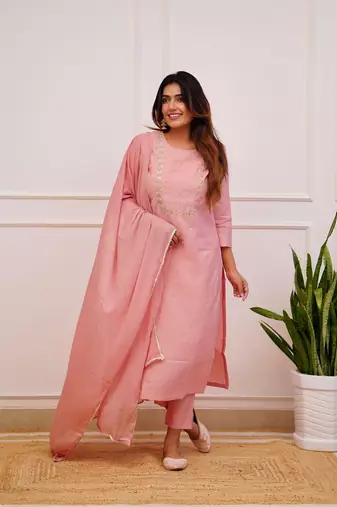 Peach Rayon Slub Embroidered work Straight cut Kurta Pant and Dupatta Set