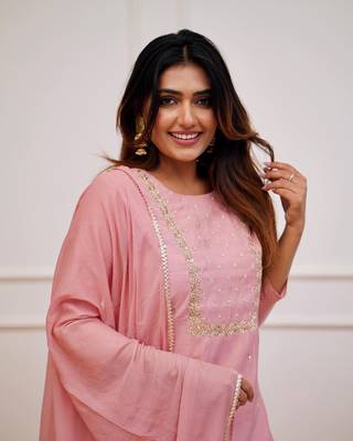 Peach Rayon Slub Embroidered work Straight cut Kurta Pant and Dupatta Set 5