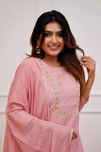 Peach Rayon Slub Embroidered work Straight cut Kurta Pant and Dupatta Set