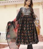 Black Printed Rayon Fabric Sequence Embroidered work Straight cut Kurta, Pant and Dupatta Set