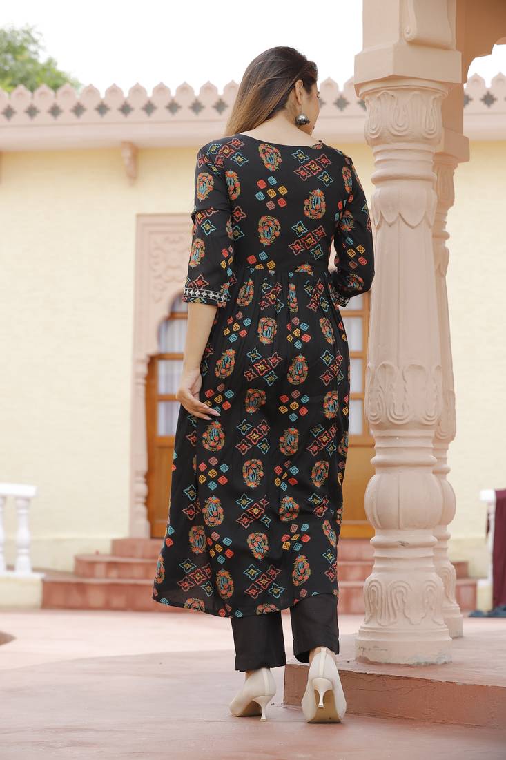 Black Printed Rayon Fabric Sequence Embroidered work Straight cut Kurta, Pant and Dupatta Set