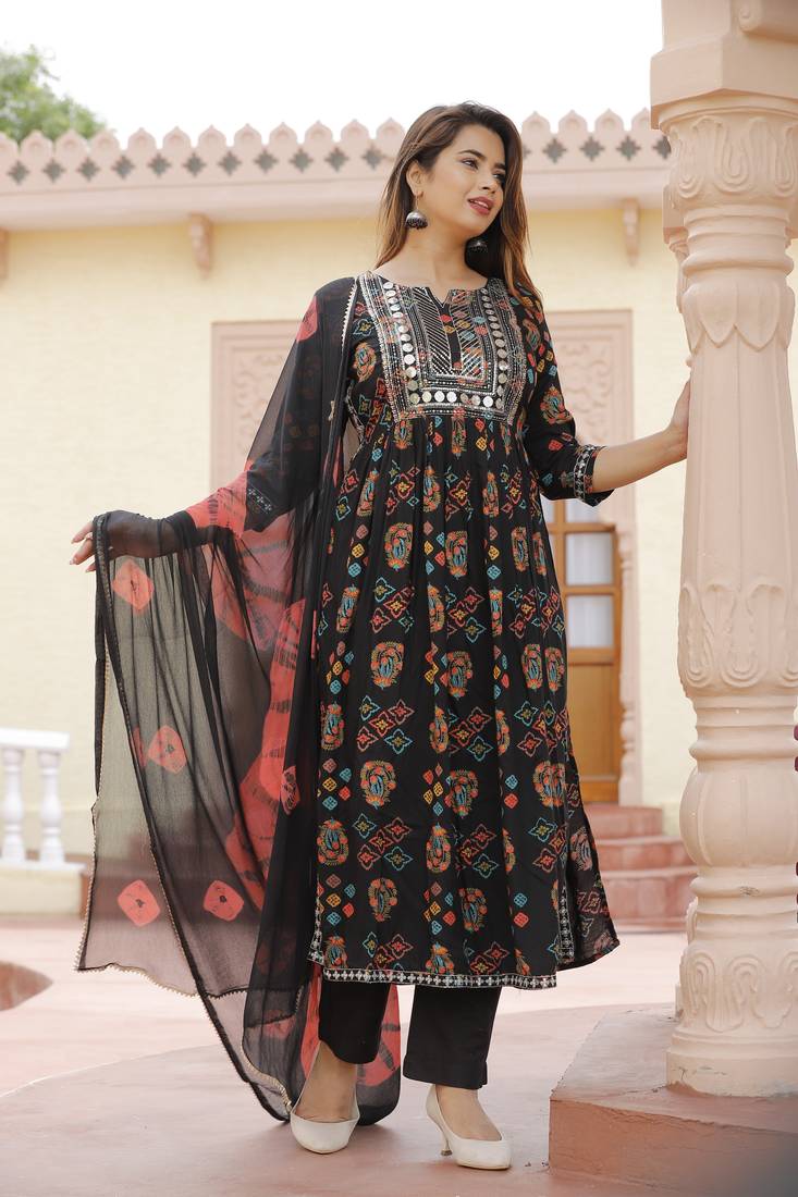 Black Printed Rayon Fabric Sequence Embroidered work Straight cut Kurta, Pant and Dupatta Set