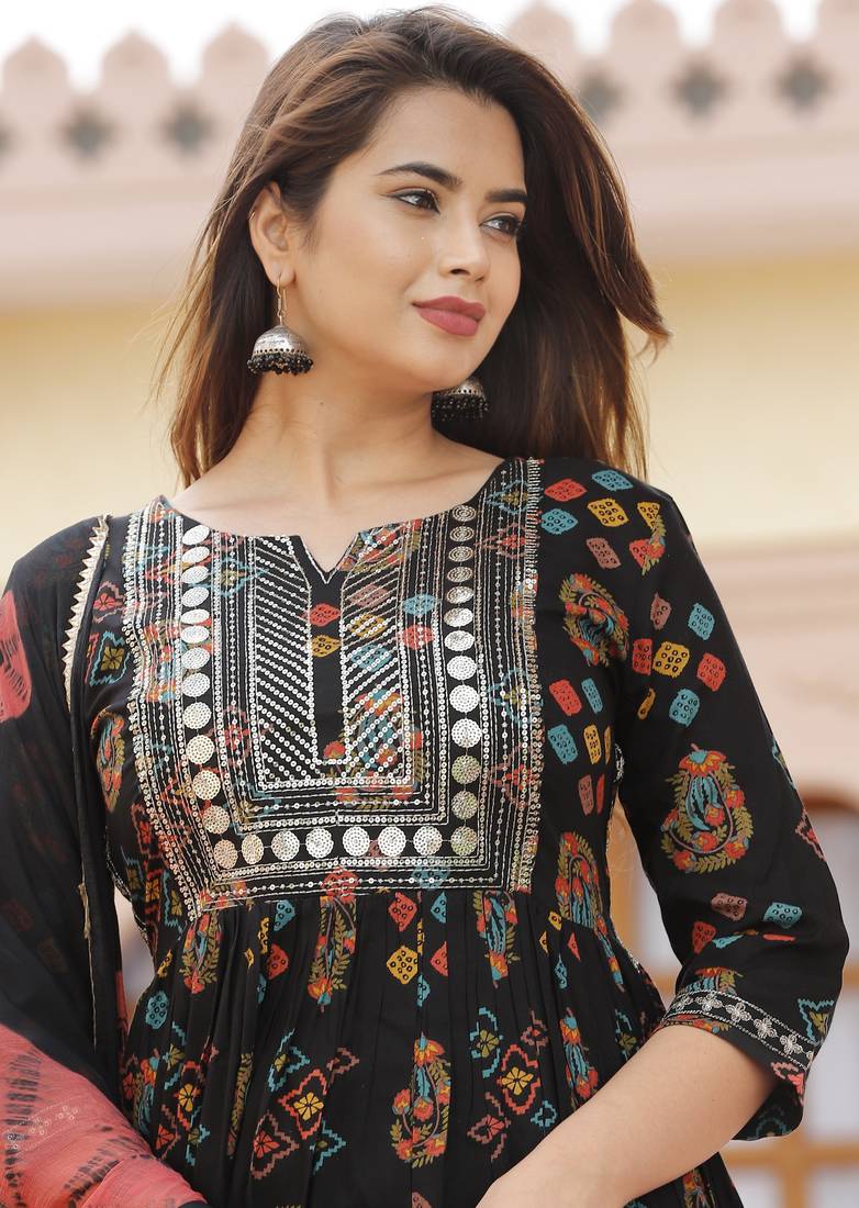 Black Printed Rayon Fabric Sequence Embroidered work Straight cut Kurta, Pant and Dupatta Set