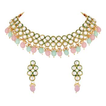 Multicolour kundan laycered chokar necklace set for women (mcajns1024) 2