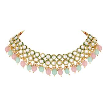 Multicolour kundan laycered chokar necklace set for women (mcajns1024) 3