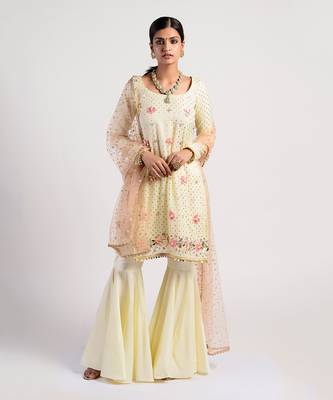 floral ivory lime yellow gharrara set 1