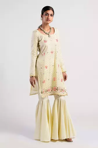 floral ivory lime yellow gharrara set