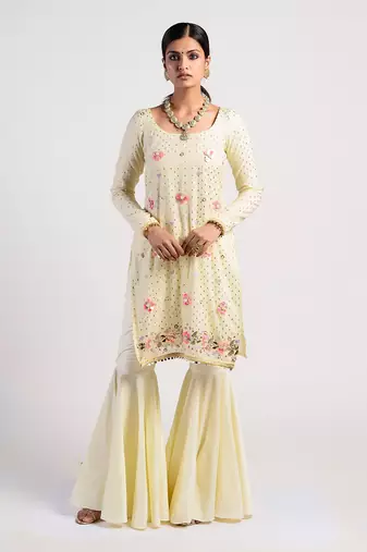 floral ivory lime yellow gharrara set