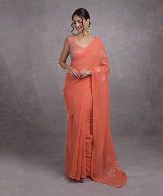 Camellia Peach Tissue Cutwork Hand Embroidered Mukaish Saree 1