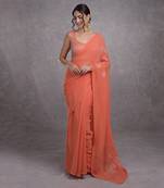 Camellia Peach Tissue Cutwork Hand Embroidered Mukaish Saree