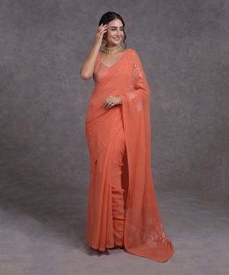 Camellia Peach Tissue Cutwork Hand Embroidered Mukaish Saree 2