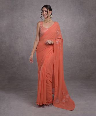 Camellia Peach Tissue Cutwork Hand Embroidered Mukaish Saree 3