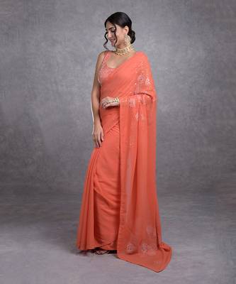 Camellia Peach Tissue Cutwork Hand Embroidered Mukaish Saree 4