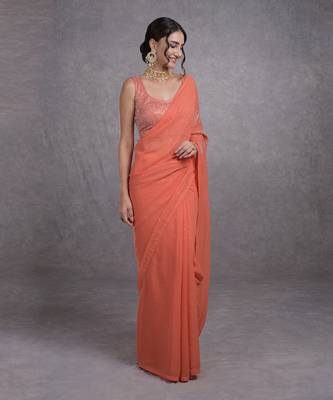 Camellia Peach Tissue Cutwork Hand Embroidered Mukaish Saree 5