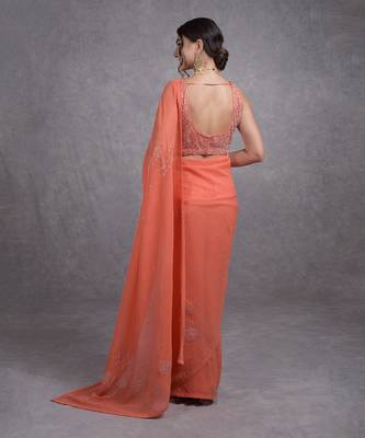 Camellia Peach Tissue Cutwork Hand Embroidered Mukaish Saree 6