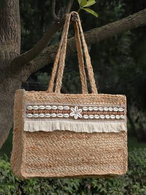 sisal baked beige & white embellished jute tote bag 1