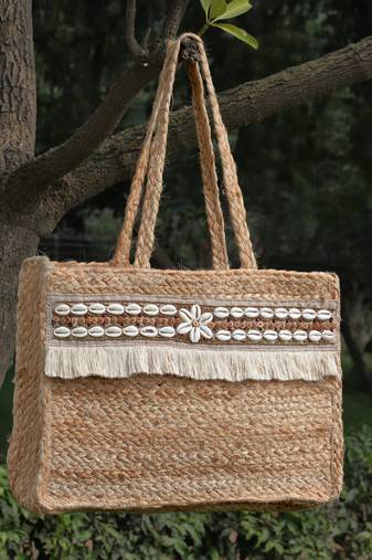 sisal baked beige & white embellished jute tote bag