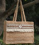 sisal baked beige & white embellished jute tote bag