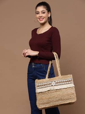 sisal baked beige & white embellished jute tote bag 2