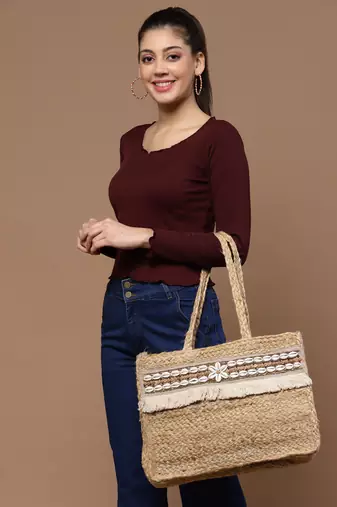 sisal baked beige & white embellished jute tote bag