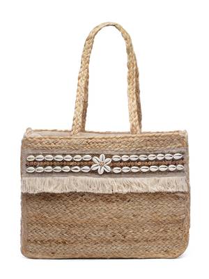 sisal baked beige & white embellished jute tote bag 3