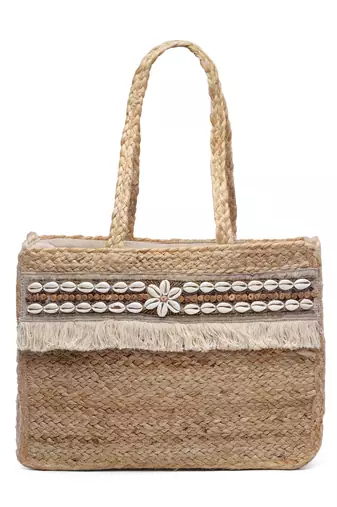 sisal baked beige & white embellished jute tote bag