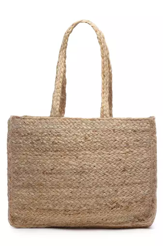 sisal baked beige & white embellished jute tote bag