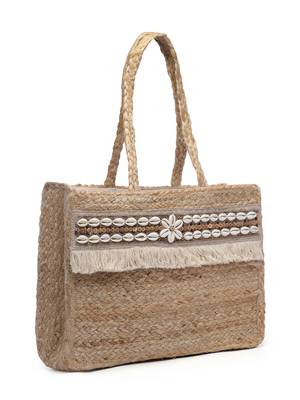 sisal baked beige & white embellished jute tote bag 5