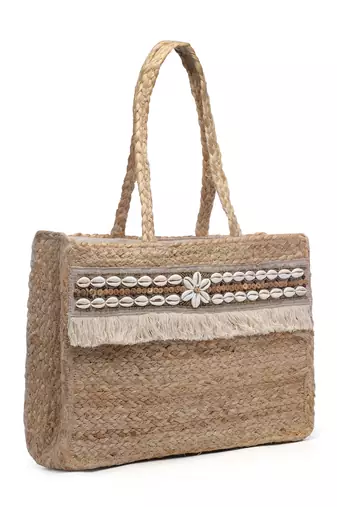 sisal baked beige & white embellished jute tote bag