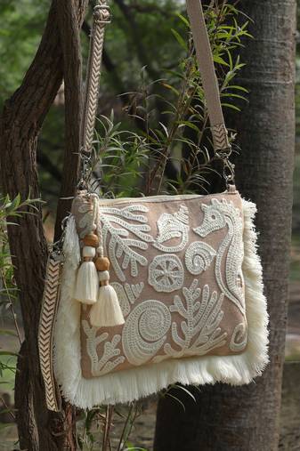 kooky beige & white boho quirky embroidered cotton sling bag
