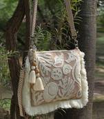 kooky beige & white boho quirky embroidered cotton sling bag