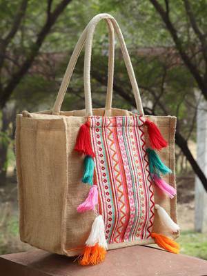sisal khaki & multi boho striped jacquard jute shoulder bag 1