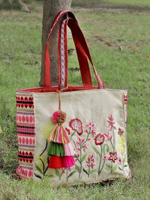 kooky natural, pink & multi boho floral embroidered handloom cotton jacquard tote bag 1