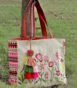 kooky natural, pink & multi boho floral embroidered handloom cotton jacquard tote bag