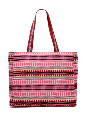 kooky natural, pink & multi boho floral embroidered handloom cotton jacquard tote bag 2
