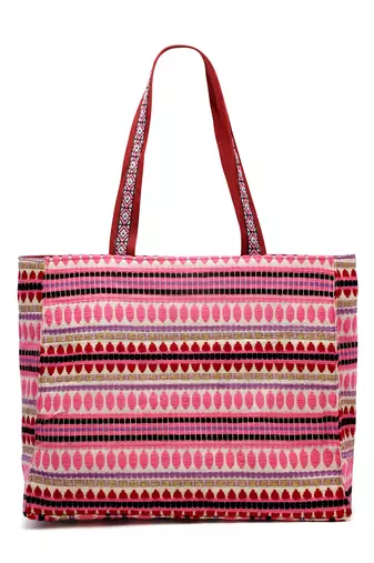 kooky natural, pink & multi boho floral embroidered handloom cotton jacquard tote bag