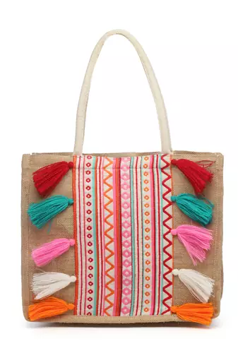 sisal khaki & multi boho striped jacquard jute shoulder bag