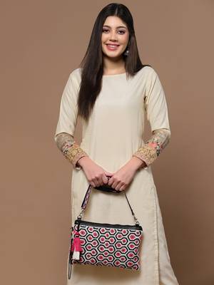 Anekaant kooky fuchsia & black boho honeycomb embellished cotton jacquard sling bag 2