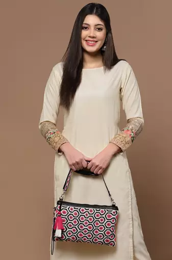 Anekaant kooky fuchsia & black boho honeycomb embellished cotton jacquard sling bag