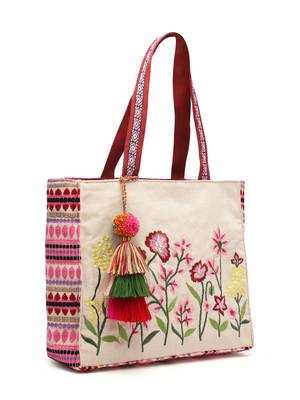 kooky natural, pink & multi boho floral embroidered handloom cotton jacquard tote bag 3