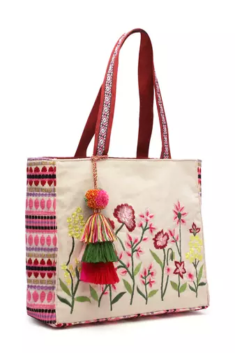 kooky natural, pink & multi boho floral embroidered handloom cotton jacquard tote bag