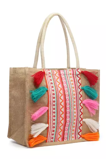 sisal khaki & multi boho striped jacquard jute shoulder bag