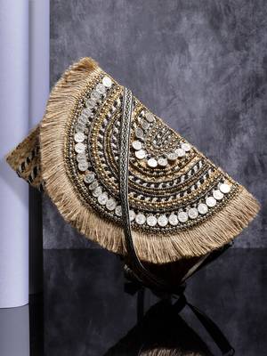 sisal baked beige & multi embellished jute sling bag 1