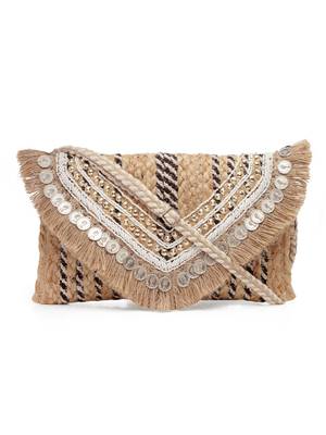sisal baked beige & multi embellished jute sling bag 1