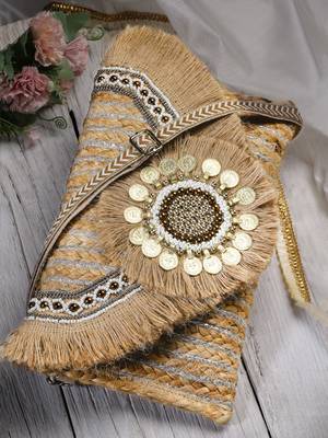 sisal baked beige & multi embellished jute sling bag 1