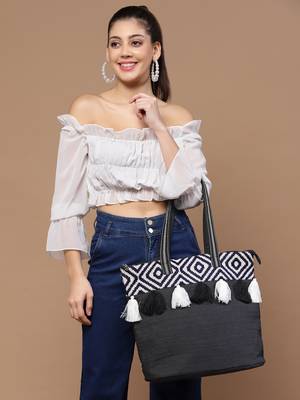 kooky black & white boho jacquard handloom cotton canvas tote bag 2